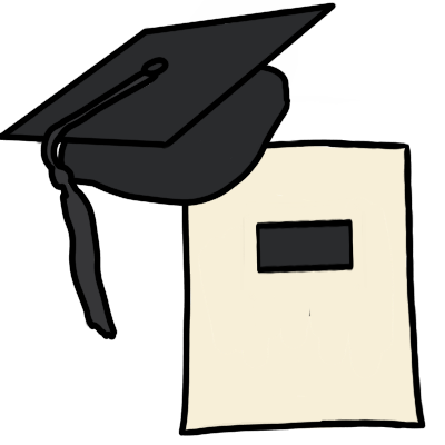A piece of paper with one short black stripe near the top. above it is a mortarboard with a black tassel.